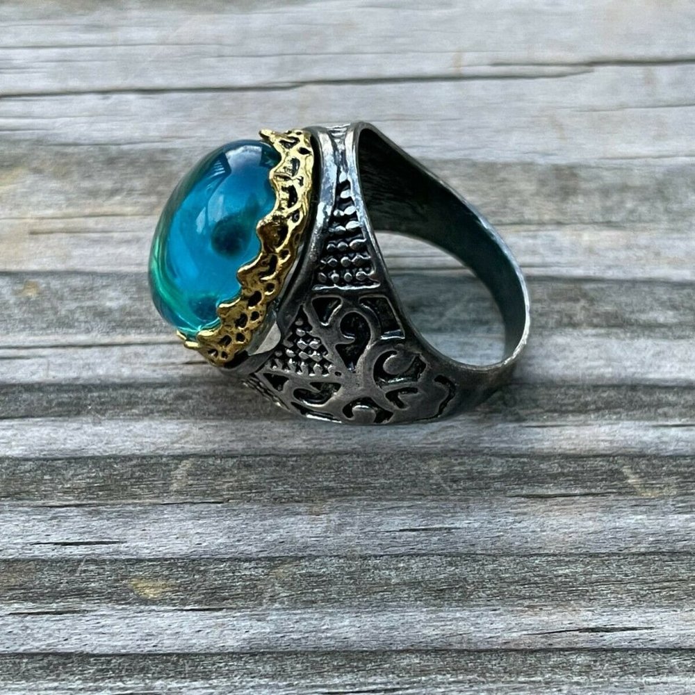 Men Rings Fashion Blue Stone Gunmetal/Gold Tone Men Jewelry Rings Size 9 - Picture 2 of 11